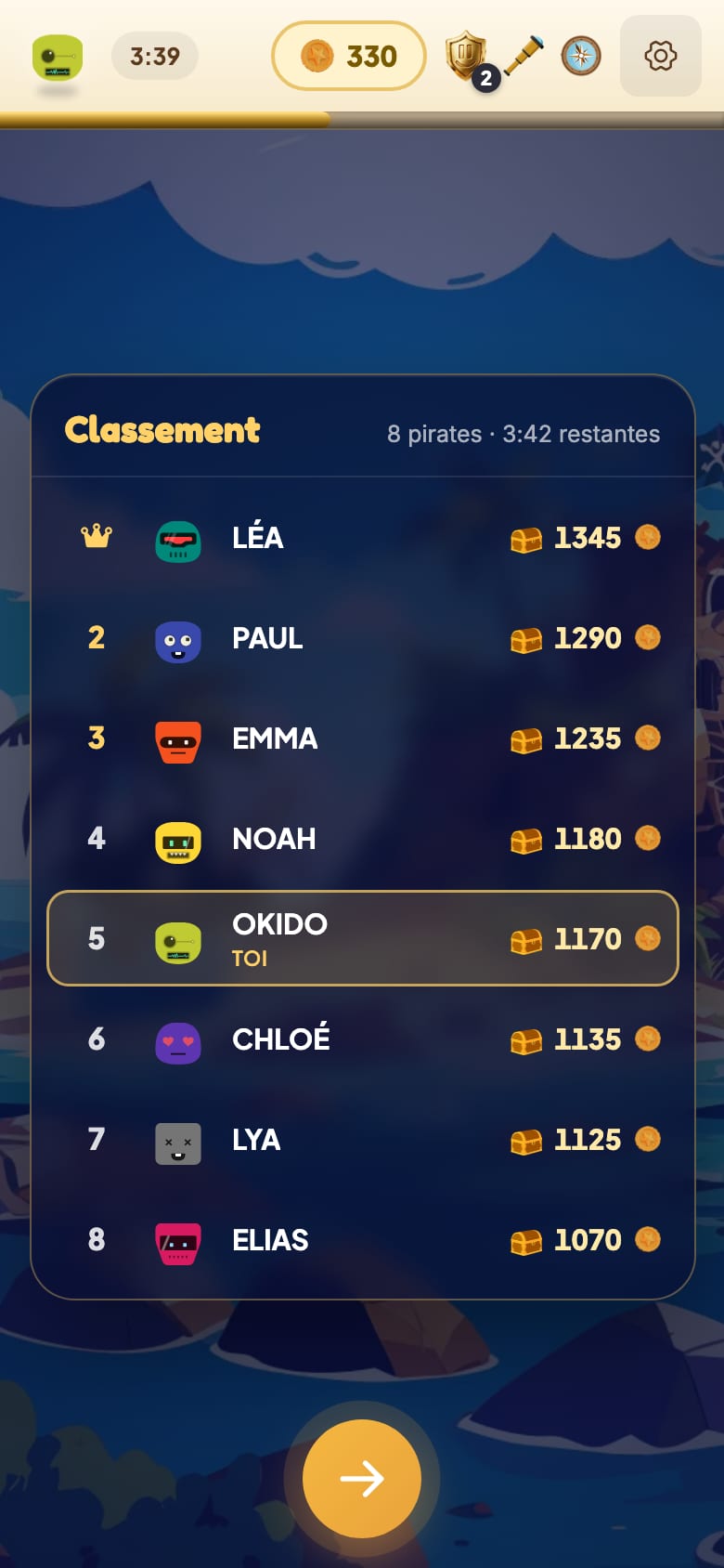 Le classement en direct sur le téléphone de l’élève